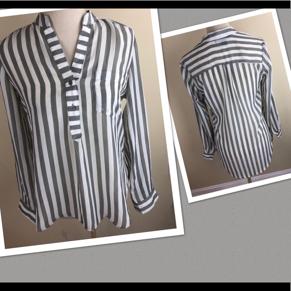 Lime Blue Hi-Lo gray white sheer stripe Small top